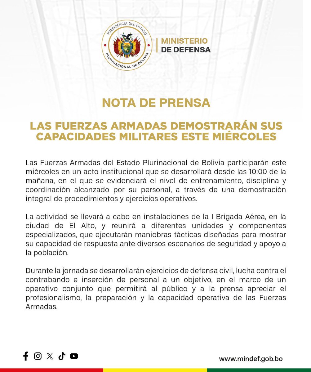 de_defensa96470's tweet photo. Las Fuerzas Armadas del Estado Plurinacional de Bolivia demostrarán sus capacidades este miércoles (10:00) en la I Brigada Aérea de El Alto, con ejercicios operativos y tácticos.
#mindef #FFAA #SiempreBolivia #ElAlto https://t.co/sHHjt9iA85