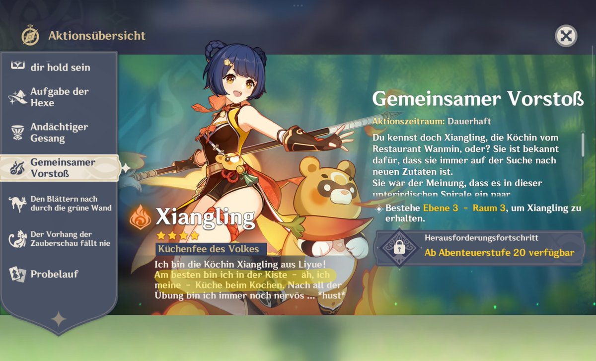 Replaying genshin on an alt acc and I noticed that for Xiangling's introduction in German she literally says "I am best in bed - eh I mean - I am best in the kitchen" instead of it being a joke about her hungry ass wanting some chicken I am crying 😭❤️