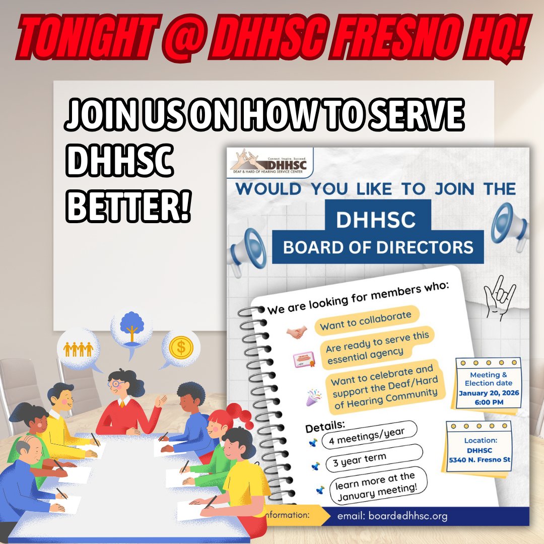*BOARD OF DIRECTORS MEETING &amp; ELECTION TONIGHT!*

Full message: instagram.com/p/DTvrZ_DAXM-/

#DHHSC #BoardOfDirectors #Recruit #DeafAndHardOfHearingCommunity #Meeting #Election