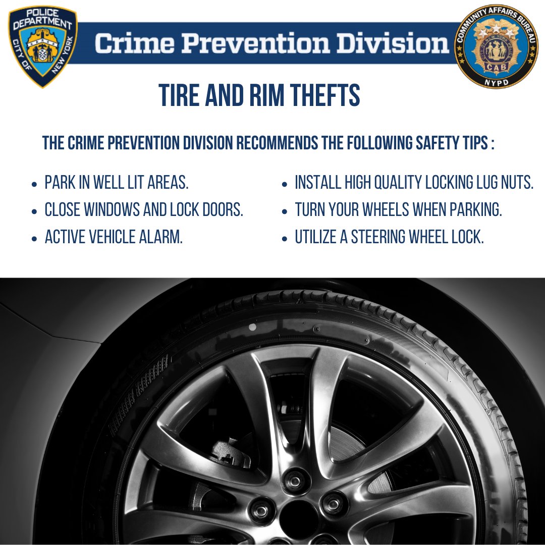 NYPD101Pct's tweet image. Catalytic Converters, tires, rims and airbags can be targets for auto thieves. 🛞💨

🔒 Park in well-lit areas
🔒 Use wheel &amp;amp; steering locks
🔒 Utilize alarms
🔒 Properly Secure Vehicle upon exiting 

Don’t make it easy for them. #NYPD #CrimePrevention

More Information 👇