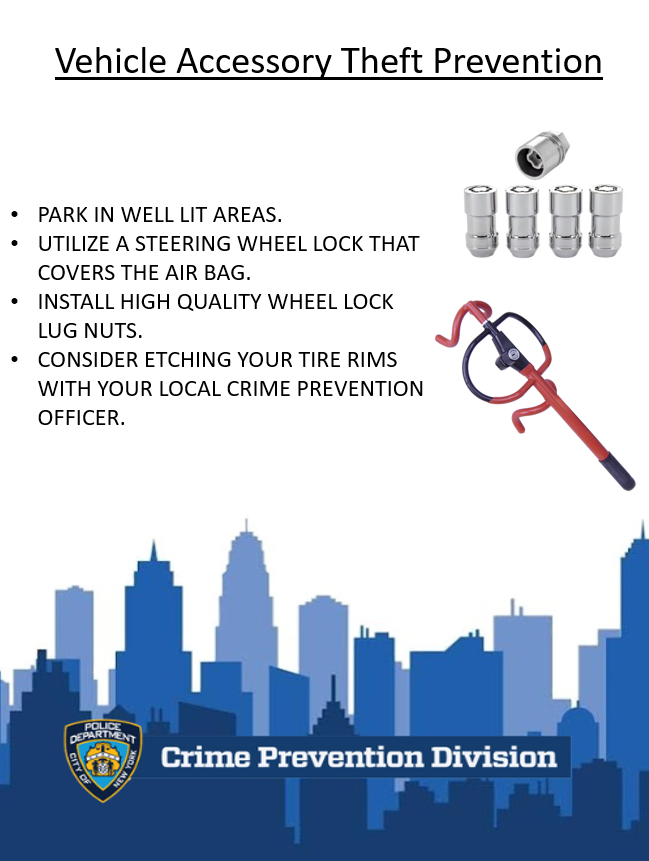 NYPD101Pct's tweet image. Catalytic Converters, tires, rims and airbags can be targets for auto thieves. 🛞💨

🔒 Park in well-lit areas
🔒 Use wheel &amp;amp; steering locks
🔒 Utilize alarms
🔒 Properly Secure Vehicle upon exiting 

Don’t make it easy for them. #NYPD #CrimePrevention

More Information 👇