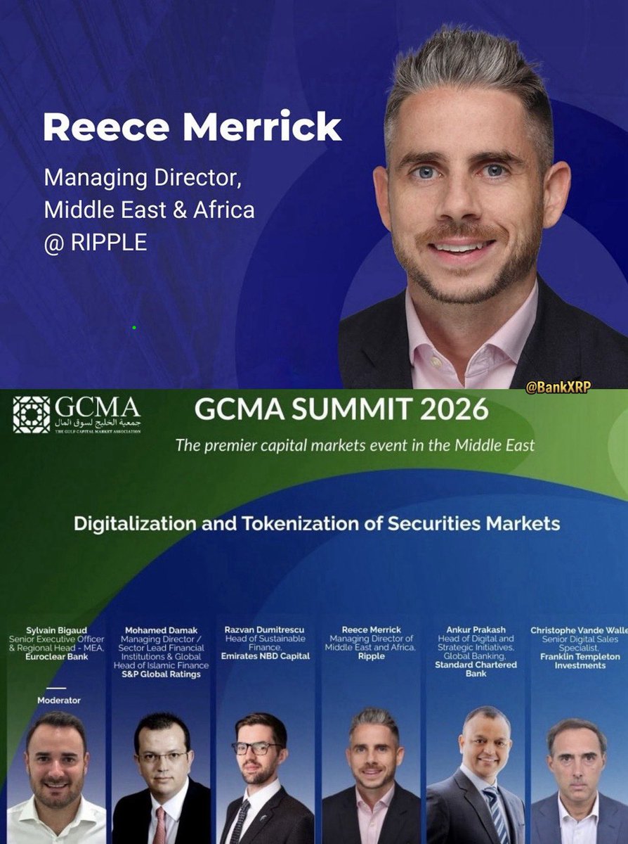 Ripple Rockstar Reece Merrick 🔥 is joining an elite panel at the GCMA Summit 2026 in Dubai 

Topic: Tokenization of Securities Markets 💎

Sharing the stage with top execs from:
• Euroclear
• S&amp;P Global
• Emirates NBD Capital
• Standard Chartered
• Franklin Templeton