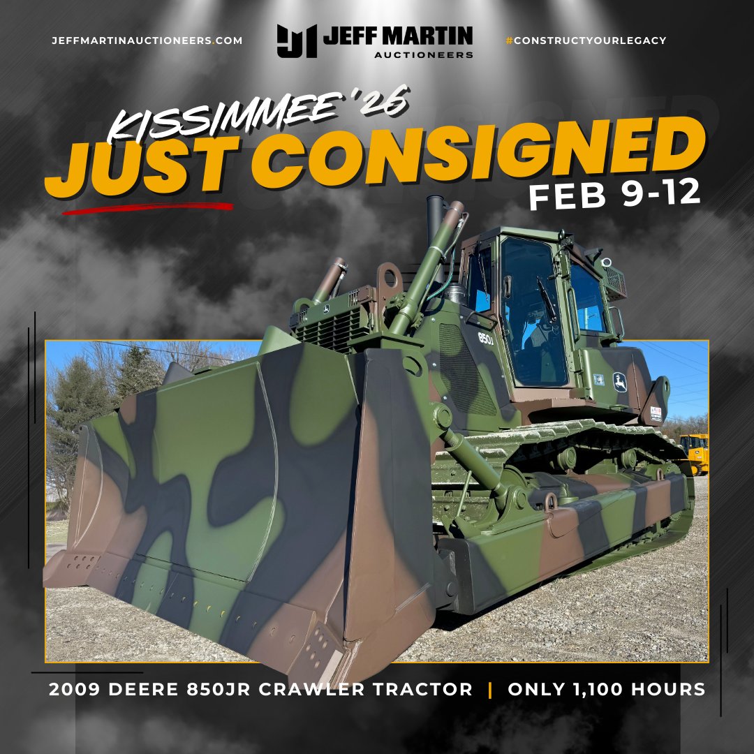 🚜🔥 Just consigned: 2009 DEERE 850JR CRAWLER TRACTOR!
ANNUAL WINTER CONST EQUIP &amp; TRANSPORTATION LIVE AUCTION
📍 Kissimmee, FL | Feb 9–12 @ 9AM ET

👉 jma.bid/02-12FL-2009DE…
#Kissimmee26 #ConstructYourLegacy #ConstructionEquipment #Deere850JR #BidNow #JeffMartinAuctioneers