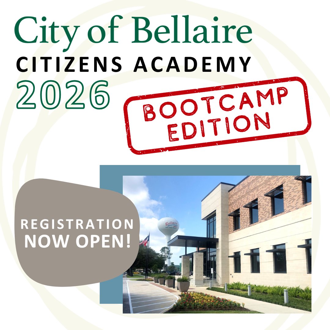 Enroll in the 2026 Bellaire Citizens Academy – Bootcamp Edition!

Ready to become an informed, empowered member of your community? Curious about how local government works and how you can make a difference?  

Bootcamp begins Feb 3
Learn more at bellairetx.gov/BCA.