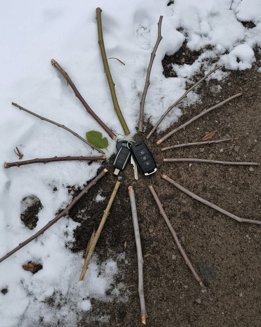 Bugün ormanda koşarken araba anahtarlarımı kaybettim.
Parkuru bitirdikten sonra aynı yoldan geri döndüm; bir mucizeden çok en kötü ihtimale hazırlanmıştım… ama onun yerine gerçekten olağanüstü bir manzarayla karşılaştım.
Yerde, dallardan yapılmış küçük bir daire vardı basit bir