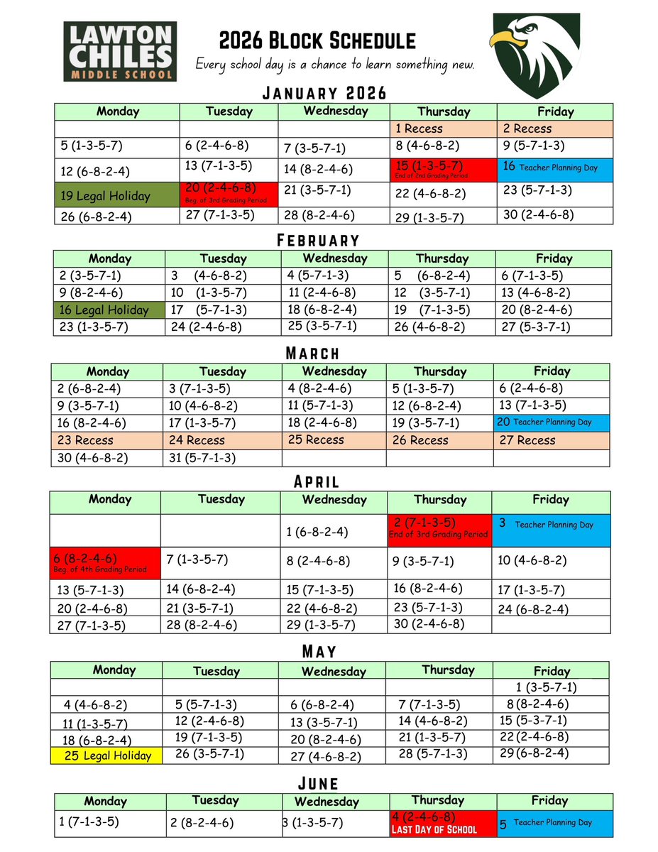 Please review and save the updated block schedule. 

Por favor, revise y guarde el horario de bloques recientemente actualizado para su referencia.