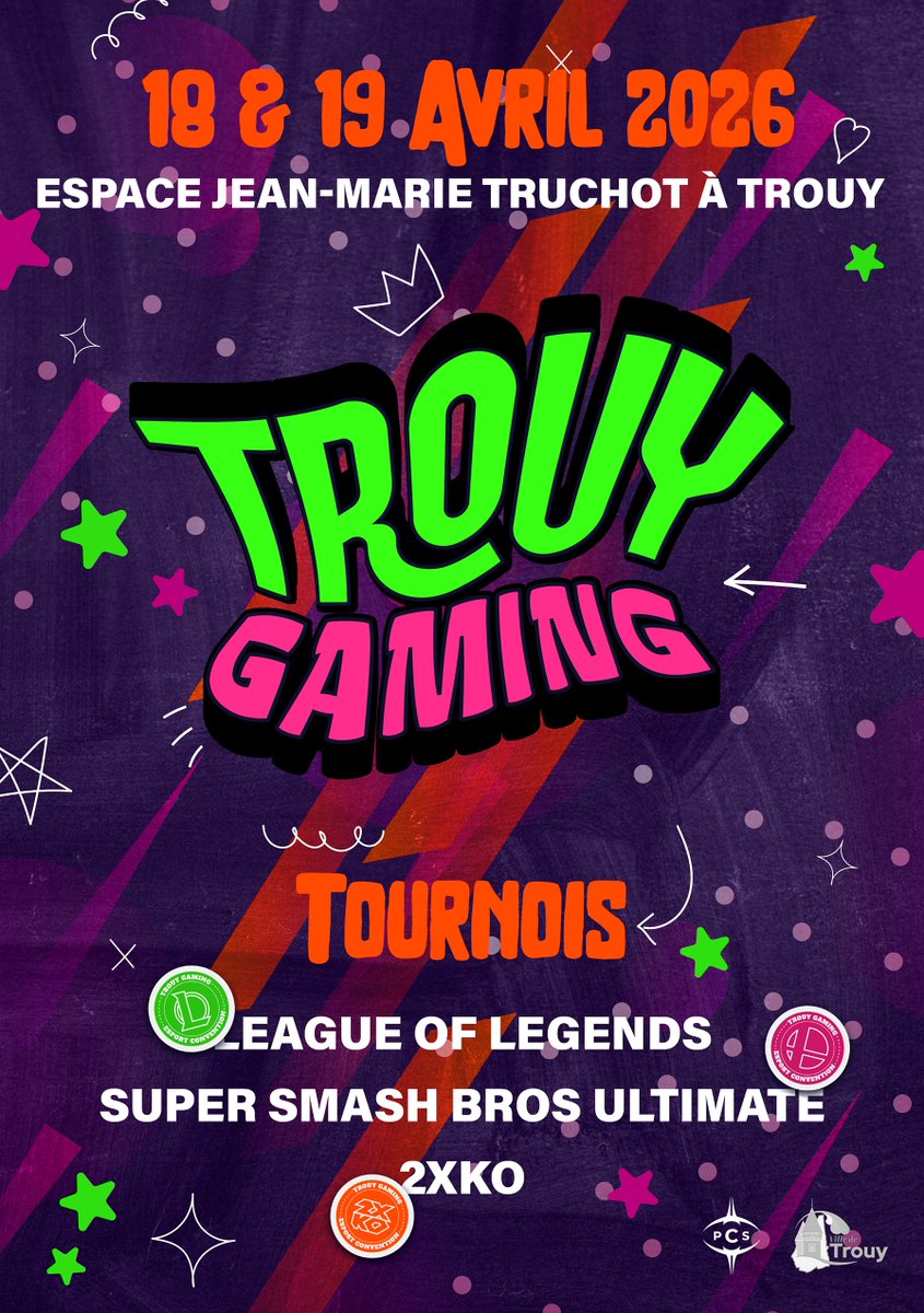 📢TROUY GAMING

On organise notre première LAN !

🏆 Tournois :
- LOL (👨‍👩‍👧‍👦 16 slots🎁2 000€)
- SSBU (🙎‍♂️32 slots🎁500€)
- 2XKO (🙎32 slots🎁500€)

📅18 &amp; 19 avril 2026
📍Trouy (18)

📩Inscriptions : linktr.ee/trouygaming
ℹ️<a href="/TrouyGaming/">Trouy Gaming</a>

#TG2026 #PCSFAMILY