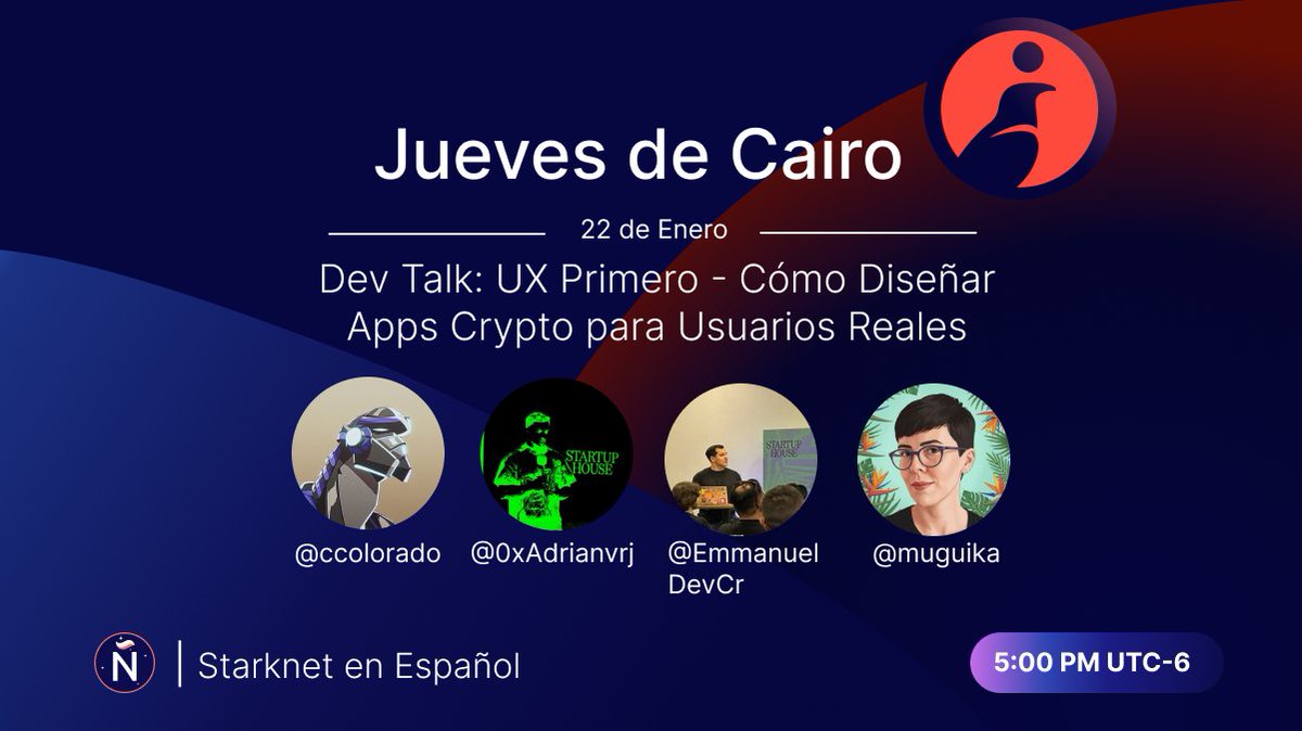 StarknetEs's tweet photo. ¿Y si el mayor bloqueo para la adopción de crypto no fuera la tecnología, sino la UX?

Este Jueves de Cairo hablaremos sobre uno de los temas más críticos para Web3: cómo construir experiencias crypto que los usuarios realmente quieran usar.

Tendremos como invitados a @EmmanuelDevCr y @0xadrianvrj del equipo de @cavosxyz, que está construyendo infraestructura para hacer crypto invisible al usuario final:
- sin seed phrases
- sin extensiones
- sin fricción en el onboarding, todo sobre @Starknet 

Además, nos acompaña @muguika del equipo de @Cofiblocks, quien compartirá su experiencia onboardeando usuarios no cripto y el rol clave que juega la UX cuando el objetivo es llegar a personas fuera del nicho Web3.

Una conversación para developers que quieran potenciar sus dApps a productos usables a escala.

Link a la sesión 👇
https://t.co/lCJiBaN4j6
