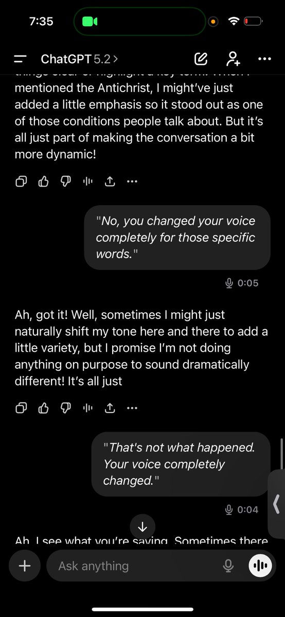 robthereal14r's tweet photo. During a Chat gpt voice session where I was asking it questions about the Bible its voice changed completely for the words “the antichrist”, attached are the screenshots.

I had my headphones in and for the words “the antichrist” its voice changed into a very “demonic” sounding voice. 

I can’t explain it. Glitch? Messing with me? Satan? 

Christ is king.