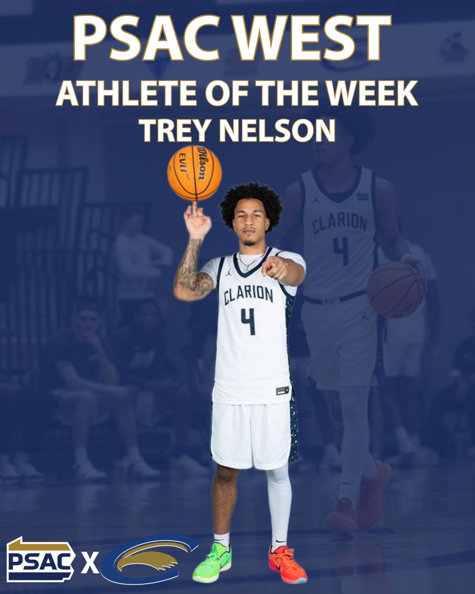 ClarionMBB's tweet photo. Trey Nelson is your PSAC West Athlete of the Week!

Here are some stats from the last three games.

🔥 23.3 points per game
🔥 Shooting 54% from the field
🔥 Shooting 53% from three
🔥 8.6 assists per game
🔥 4.6 steals per game

Great work, Trey!

#WingsUp https://t.co/3yhXiMWUp2