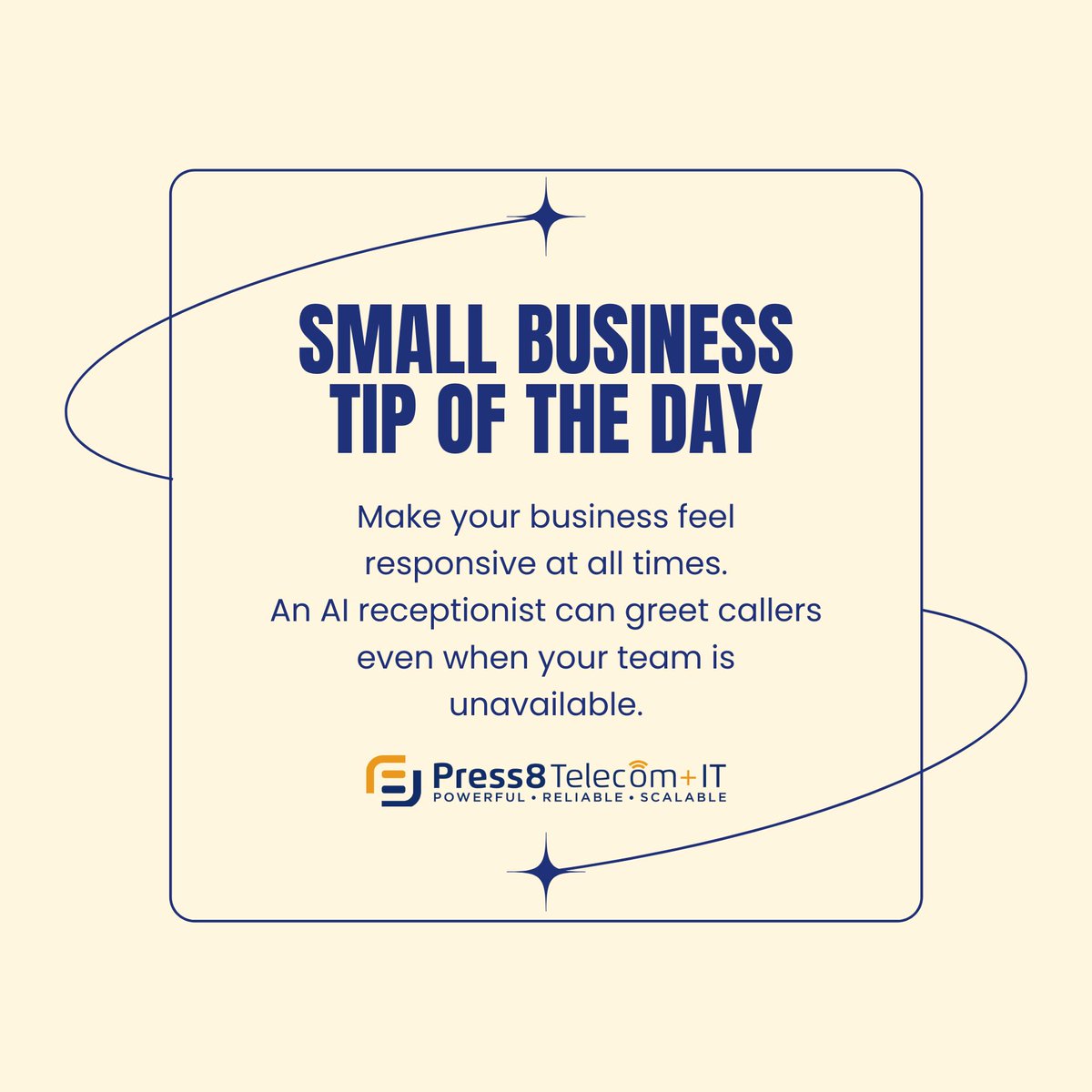 Small business tip: responsiveness builds trust. 

Preston, our #AI Agent Receptionist, can greet callers and capture requests when your team is unavailable — so no call feels ignored.  

Learn more about Preston: press8.com/ai-agent/