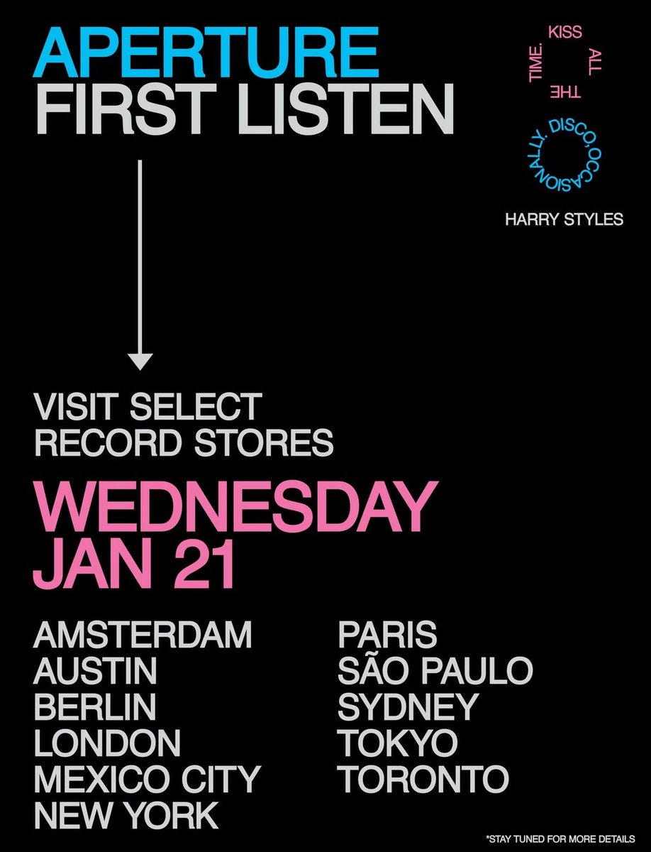 centralhshq's tweet image. GENTE? Algumas lojas de discos selecionadas ao redor do mundo vão oferecer a oportunidade de ouvir ‘Aperture’ pela primeira vez AMANHÃ e temos SÃO PAULO na lista.

— Detalhes específicos sobre o local e o evento serão divulgados em breve.