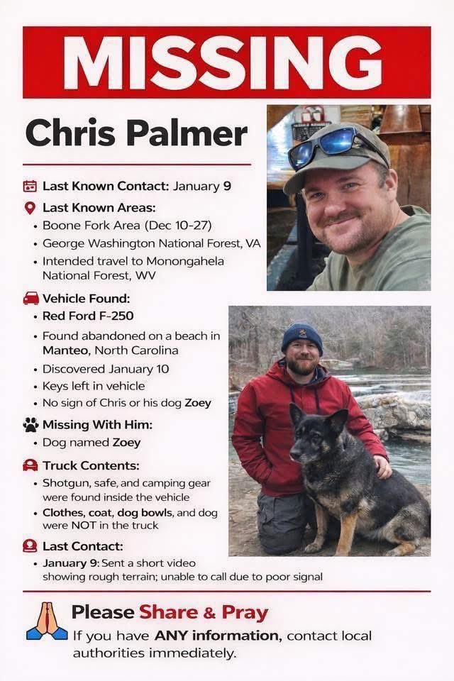 901Lulu's tweet image. Chris Palmer (39) is missing after his truck was found abandoned at North Carolina’s Outer Banks on January 12th. 

The vehicle remained unclaimed for days, so Arkansas authorities declared Chris Palmer a missing person on January 16th. He is believed to be traveling with his…