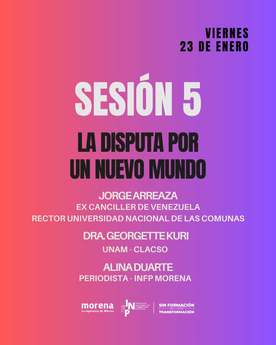 -Jueves nos vemos en el <a href="/CIDE_MX/">CIDE</a> con <a href="/KurtHackbarth/">Kurt Hackbarth 🌹</a>, <a href="/JosafatHernndez/">Josafat Hernández</a> y compañeras valiosísimas.
-Viernes con <a href="/jaarreaza/">Jorge Arreaza M</a> y <a href="/GeorgetteKuri/">Georgette Kuri</a> por las redes del <a href="/infpmorena/">INFP Morena</a>.

Y el sábado y domingo nos vemos en las asambleas en defensa de la soberanía, chequen las redes del <a href="/infpmorena/">INFP Morena</a>