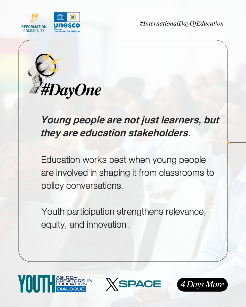 In the lead-up to International Day of Education 2026, Reformation Community and the Ghana Commission for UNESCO are rolling out a 5-day youth-led education campaign.
Theme: The Power of Youth in Co-Creating Education.
#ReformationCommunity #InternationalDayOfEducation