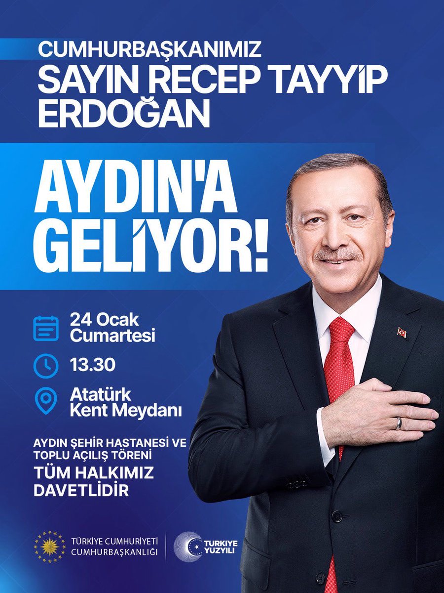 Cumhurbaşkanımız Sayın Recep Tayyip Erdoğan’ın, 24 Ocak 2026 Cumartesi günü saat 13.30’da Atatürk Kent Meydanı’nda gerçekleştirilecek “Aydın Şehir Hastanesi ve Toplu Açılış Töreni” vesilesiyle Aydın’ımızı teşrif edecek olmasından büyük memnuniyet duyuyoruz.

Sağlık alanı başta