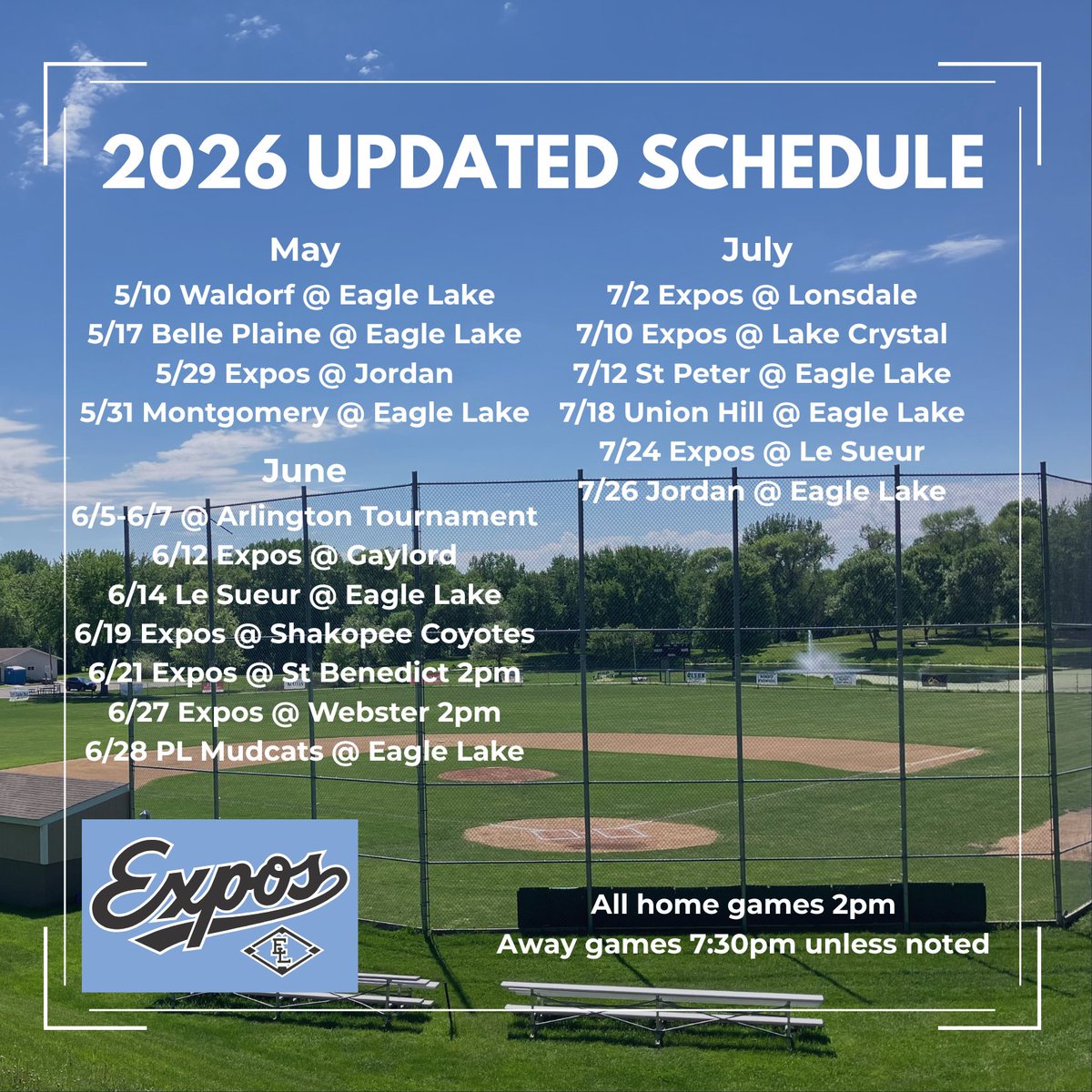 EagleLakeExpos's tweet photo. Just a couple date changes from our previously released schedule. 

7/17 vs Lonsdale rescheduled to 7/2. 
7/19 vs Union Hill rescheduled to 7/18. https://t.co/3q8KDX8VEb