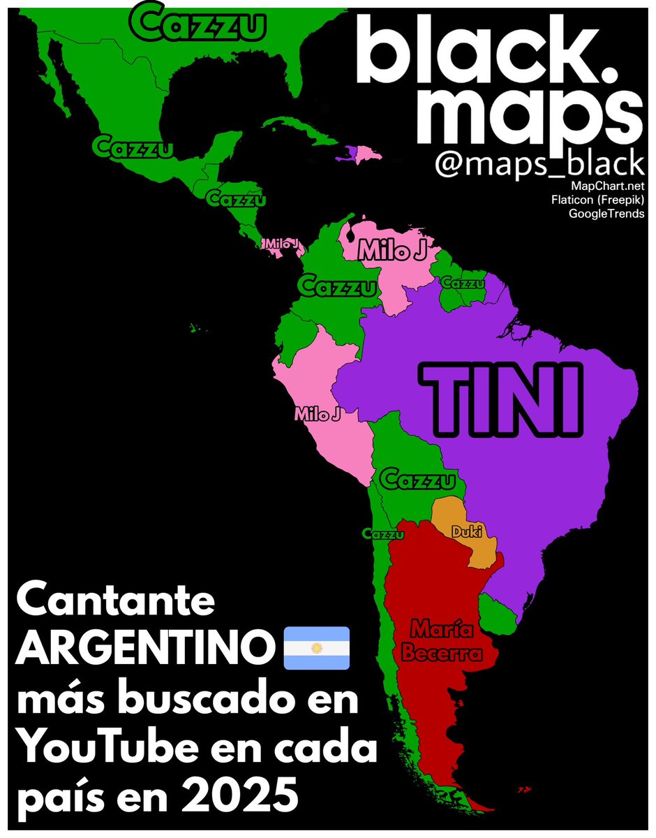maps_black's tweet image. Cantante ARGENTINO 🇦🇷 más buscado en YouTube en cada país en 2025