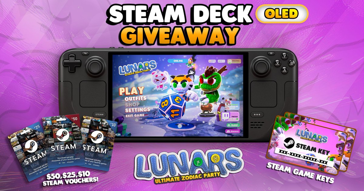 LunarsPartyGame's tweet image. Lunars is out now on Steam! 🎉
Join the fast-paced party chaos with friends now!

To celebrate, we’re giving away a STEAM DECK, gift cards, &amp;amp; game keys!
➡️Enter via Gleam: gleam.io/competitions/e…

➡️Play Lunars now: store.steampowered.com/app/1031080/Lu…

#giveaway #partygame #indiegame