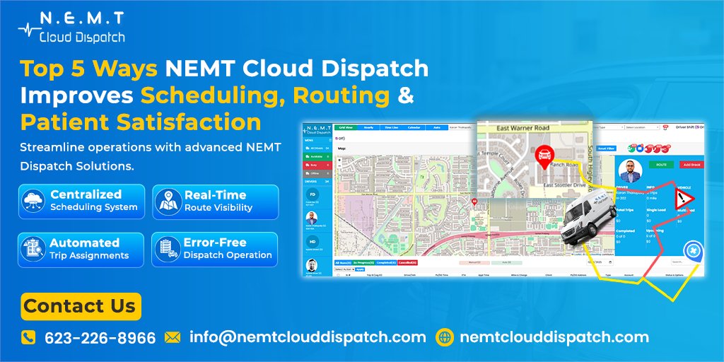 Top 5 ways NEMT cloud dispatch software boosts scheduling, routing &amp; patient satisfaction in 2026! 
Reduce errors
Optimize routes
Improve patient care
Level up your fleet today!
Request a demo: nemtclouddispatch.com/request-a-demo
#NEMT #HealthTech #FleetManagement #PatientCare #SmartDispatch