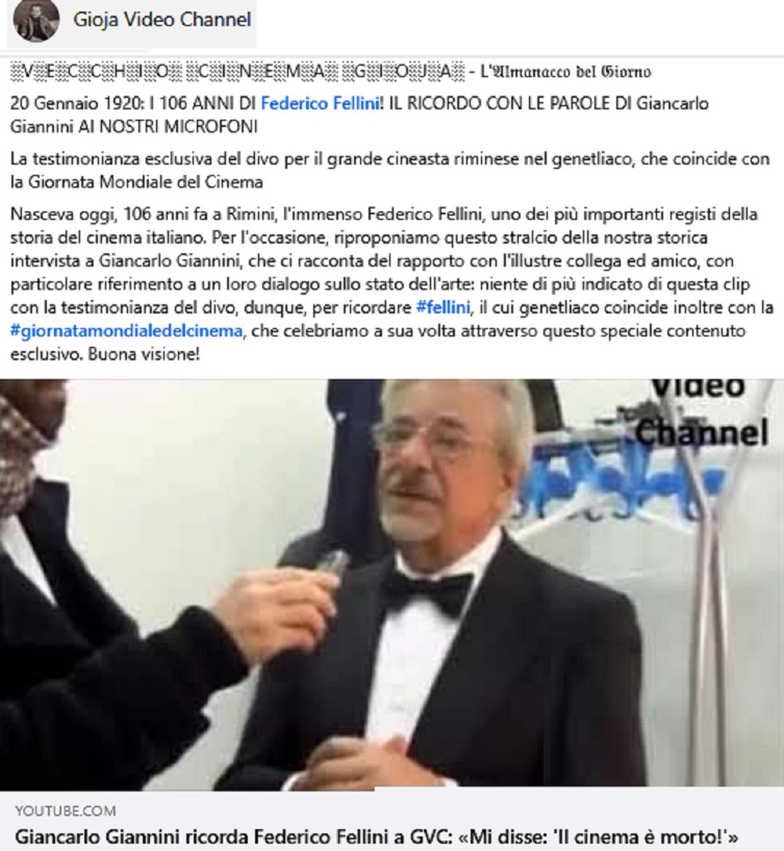 #VecchioCinemaGioja #specialedition #Almanacco #anniversary #NatiOggi #20gennaio: #106anni di #Fellini! Il ricordo con le parole di #GiancarloGiannini! #articolo e #Video a questo #link: facebook.com/GiojaVideoChan…
#FedericoFellini #birthday #Giannini #Cinema #WorldCinema #Day