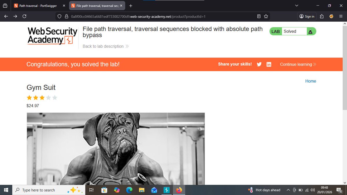 dvniel_exe's tweet image. Day 19 ⚜️
PC let me hit today. 🔥
Solved 5 labs and completed the path traversal path on portswigger. They weren't that hard to understand to be honest 
#100DaysOfCybersecurity #portswigger #pathtraversal