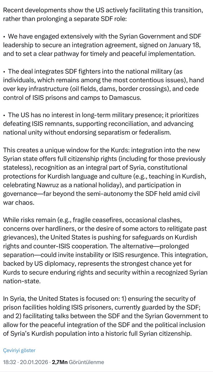 Bingo 😎👌

Sanırım ABD’nin “bölge valisi” Tom Barrack da Kerim ile Kremlin’i izliyor ☺️✅

🔴 Barrack, ABD’nin Kürtleri neden sattığını açıkça anlatmış:

👉 1. “Suriye’de Rusya-İran müttefiki Esad devrildi, Şam’da yönetime bizim adamımız geçti, yeni Suriye’yle iyi anlaşıyoruz,