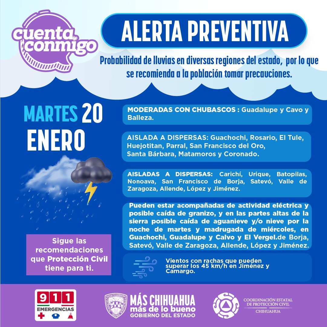 CEPC_Chih's tweet image. Se prevé probabilidad de lluvias durante la tarde y noche de este martes 20 y madrugada del miércoles 21. Pueden estar acompañadas de actividad eléctrica y granizo. En zonas serranas Guachochi, Guadalupe y Calvo, El Vergel existe posibilidad de aguanieve o nieve