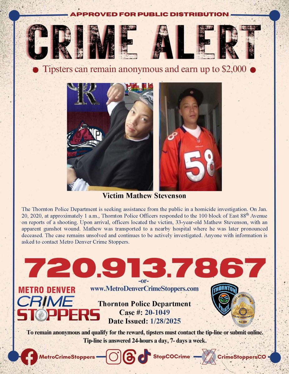 ThorntonPolice's tweet image. Six years ago today, #ThorntonPD officers responded to the 100 block of East 88th Avenue on reports of a shooting. Upon arrival, officers located 33-year-old Mathew Stevenson with an apparent gunshot wound. Mathew was transported to a nearby hospital where he later died.

The…
