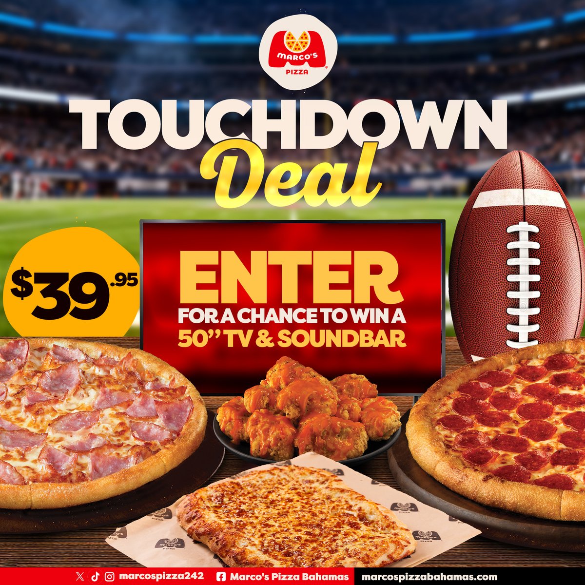 MarcosPizza242's tweet photo. Touchdown with Marco's and get ready for an exciting opportunity! Enter for a chance to win an incredible 50" TV and Soundbar, perfect for enhancing your game day experience.

Don't miss out on this fantastic prize that could be yours! https://t.co/zG3XqATjLk