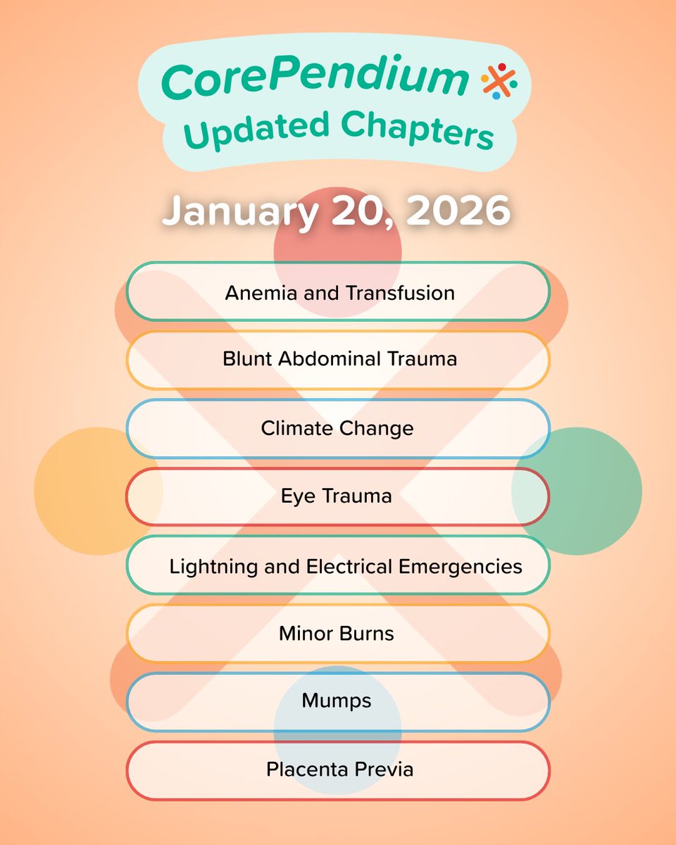 emrap_tweets's tweet image. ⚡ Just updated on CorePendium! ⚡
Weekly, evidence-based chapter updates to keep your knowledge current and your practice razor sharp. 📚🚨
💡 Free with your EM:RAP subscription.
📲 Get the CorePendium app and take it with you wherever you work.  
#EM #CorePendium #EMRAP