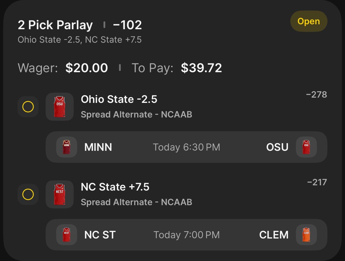 CanUSmellGreen's tweet photo. 🪜🪜🍀 $10K Ladder 🍀🪜🪜
Day 2 College Basketball
Odds: -102
Ohio St. -2.5
NC State +7.5
Double that money🔥
#BettingCommunity #BettingX #BettingTwitter #cbb #cbbparlay #NFL #playofffootball #giveaway #soon https://t.co/UCCwGc28CT