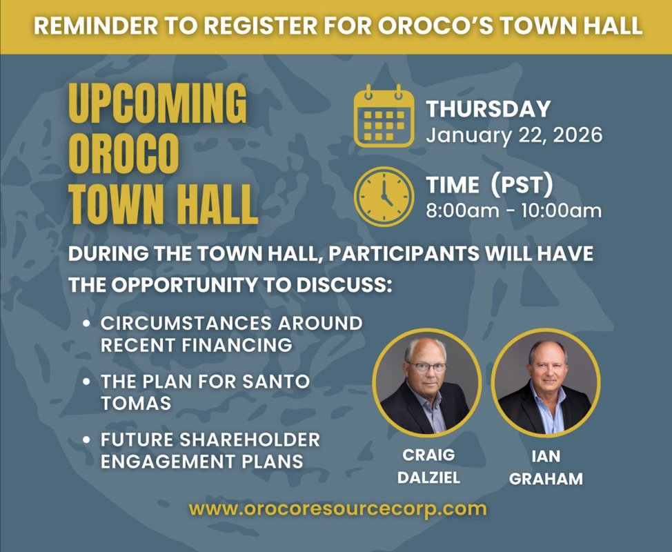 OrocoCorp's tweet image. Don’t miss your opportunity to hear directly from Oroco’s leadership. Register below to join Thursday's live Virtual Town Hall.

Click here to register: us06web.zoom.us/webinar/regist…