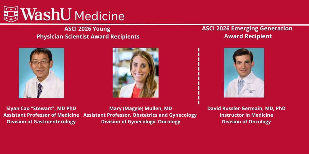 We are so proud of these phenomenal #WashUPhysicianScientists! Drs. Siyan Cao "Stewart" and Mary (Maggie) Mullen are <a href="/the_asci/">ASCI</a> Young Physician-Scientist Award Recipients and Dr. David Russler-Germain is an Emerging Generation Award Recipient. 
<a href="/WashUDeptMed/">WashU Medicine Department of Medicine</a> <a href="/WashU_OBGYN/">WashU Medicine OBGYN</a>