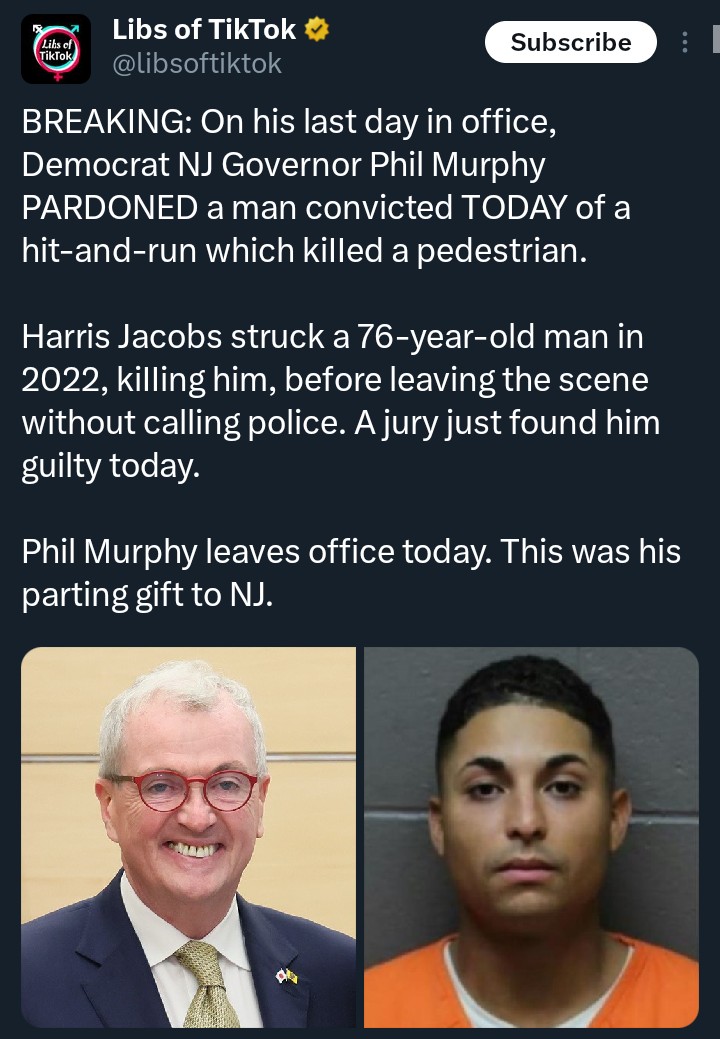 wakeupnj's tweet image. The worst governor New Jersey had just pardoned a man out the door who hit and ran a pedestrian

Geez liberals suck
x.com/i/status/20136…