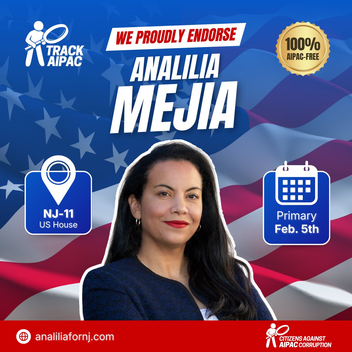 TrackAIPAC's tweet image. 🎉 ENDORSEMENT ALERT! 🎉

We are proud to endorse @AnaliliaForNJ in #NJ11!

Analilia Mejia’s campaign is an extension of her life’s work: building power for working families. That same commitment to grassroots movement-building now fuels her clear, urgent stand against the…