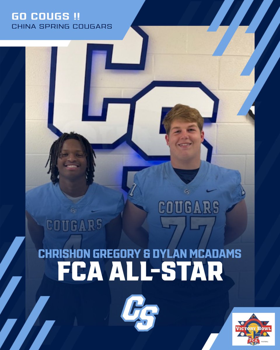 Coach_J_Gregory's tweet photo. @CGregory_0 and @DMcadams73071 were selected to FCA Victory Bowl.  Although they will not be able to participate due to conflict with graduation, we still want to celebrate this honor.  Congrats Chrishon and Dylan!! https://t.co/jt4yT0w2Xd