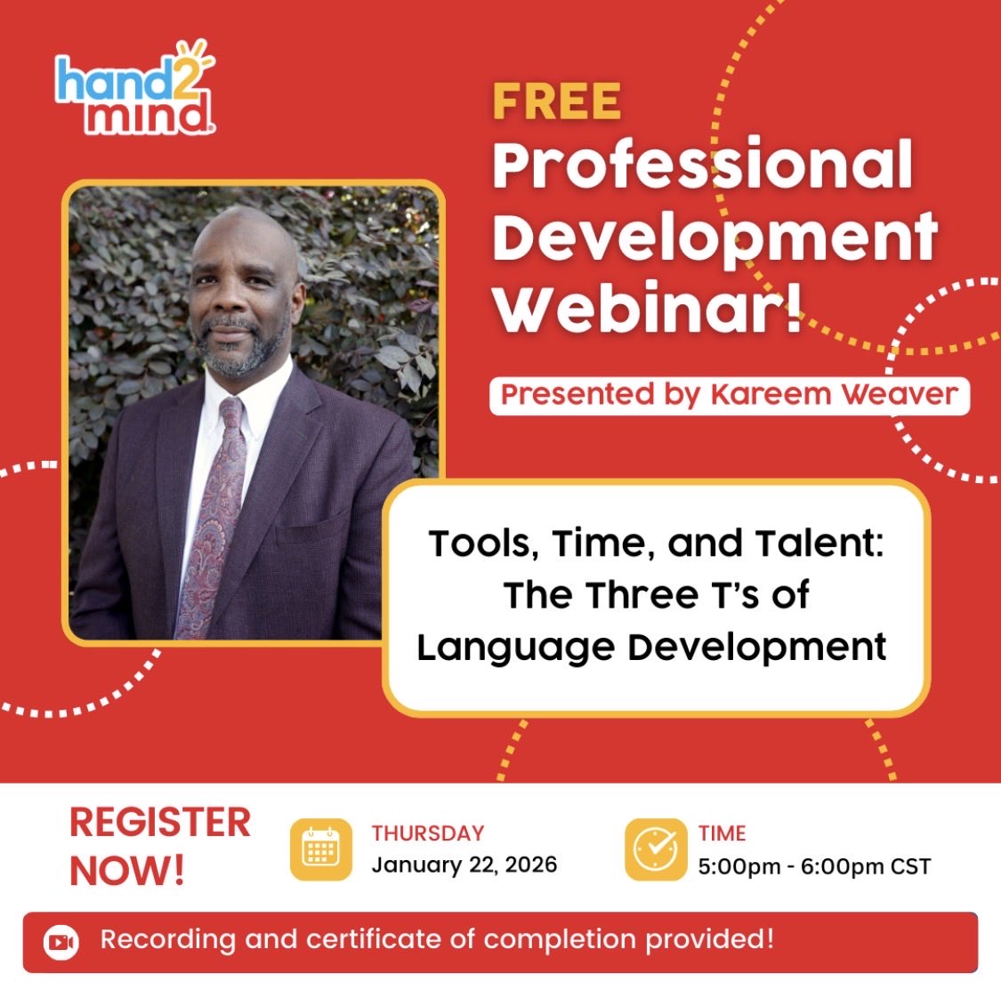 KJTomkinson's tweet photo. Join Kareem Weaver @KJWinEducation for a free webinar, Tools, Time, and Talent: The Three T’s of Language Development!

Certificate of completion and recording included!
Register here: https://t.co/t9cTSaLfsM https://t.co/XNxKZWAYFV