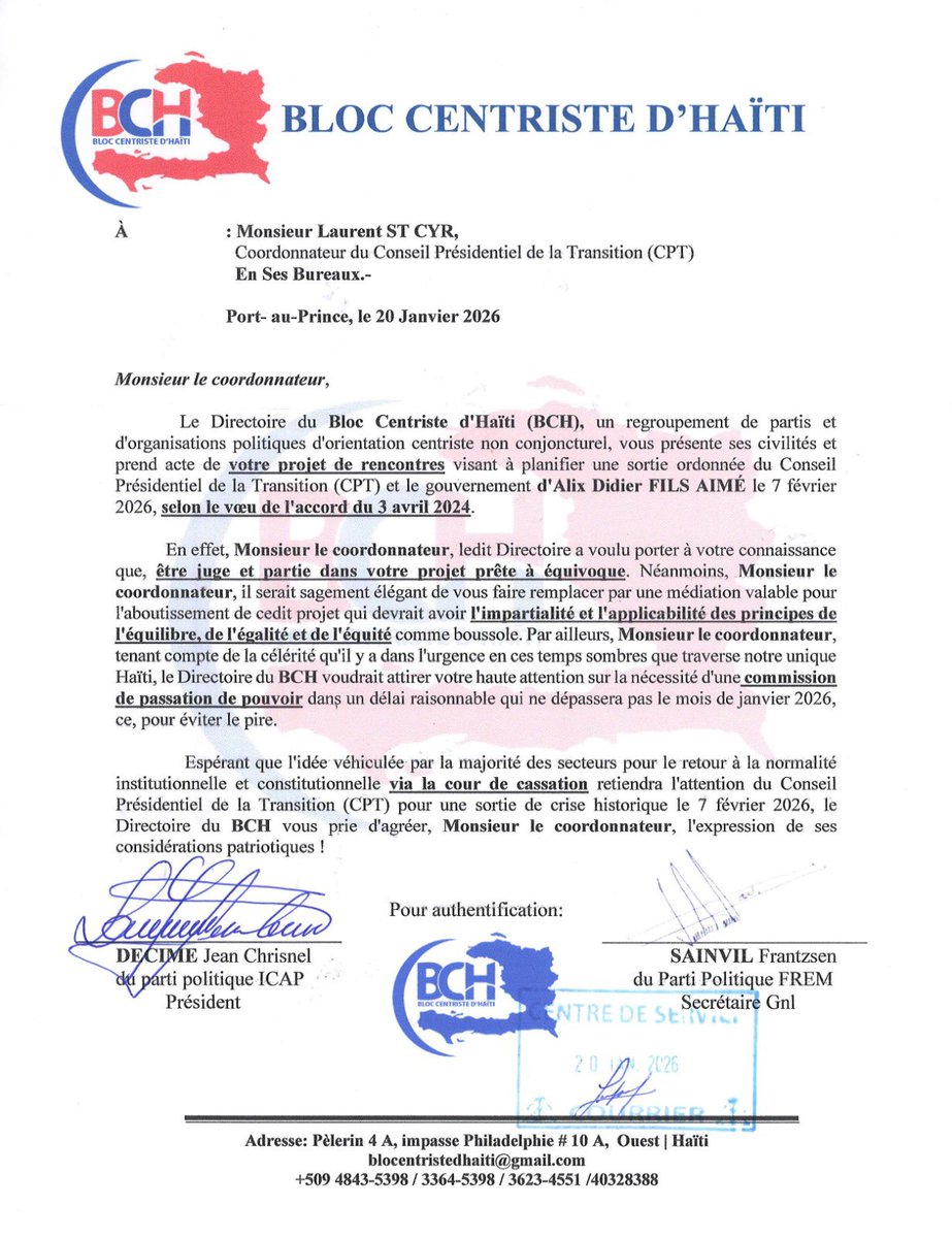 07 février 2026:  Le Bloc Centriste d’Haiti opte pour une transition politique présidée par un juge issu de la Cour de Cassation de la République.