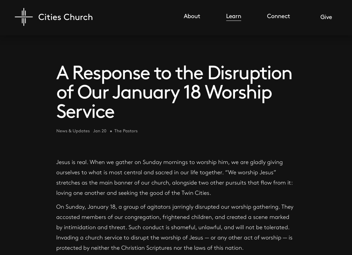 Cities Church is a SBC church. It's not known for political bluster. Yet the church's statement is CLEAR AS CRYSTAL that protestors wrongfully hijacked Christian worship. This is Baptist public theology with teeth--loving, Christ-focused, but unafraid.

citieschurch.com/journal/a-resp…