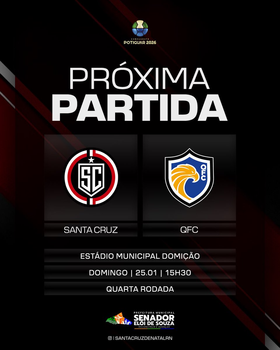 4ª RODADA! 🇾🇪

O Santa Cruz entra em campo neste domingo (25), pela quarta rodada do Campeonato Potiguar 2026, para enfrentar o QFC. 

A bola rola às 15h30, no Estádio Domição, na cidade de Senador Elói de Souza.