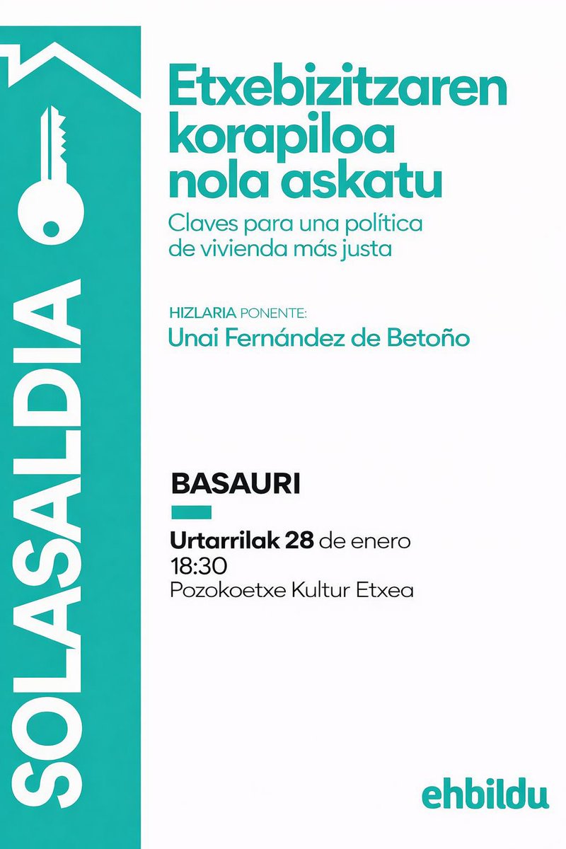 SOLASALDIA Unai Fernandez de Betoñorekin
GAIA:  🏠etxebizitzaren  egoera.
EGUNA: 📅Urtarrilaren 28
LEKUA: Pozokoetxeko kultur etxea
ORDUA: 18:30 ⏰ 
Animatu zaitezte!!
<a href="/ehbildubizkaia/">EH Bildu Bizkaia</a>