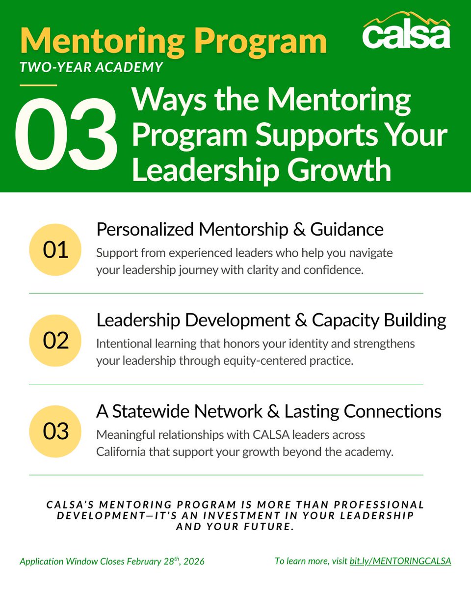 CALSAfamilia's tweet image. Leadership grows with mentorship and community 🌱
📅 Apply Jan 1–Feb 28, 2026
💻 Info Sessions: Jan 23 (4 PM) &amp;amp; Feb 2 (5:30 PM)
🔗 bit.ly/MENTORINGCALSA
#CALSA #LeadershipWithHeart