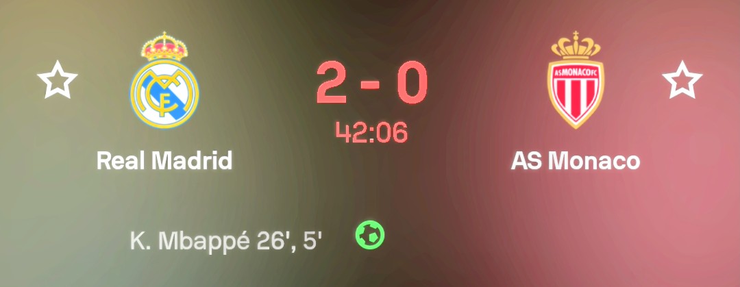 Nathanalnd54119's tweet photo. Buuuuuuuuuuuuuut pour Mbappé Real Madrid 2-0 As Monaco.
Doublé pour Mbappé 26' et 5'.

League de champion. https://t.co/X501Ikljt5
