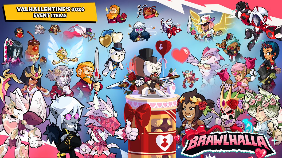 Brawlhalla's tweet image. The 2026 Valhallentine's Event swoops into Brawlhalla on February 4th!

Who are you buying Cho-Kor-late for this year? 🍫