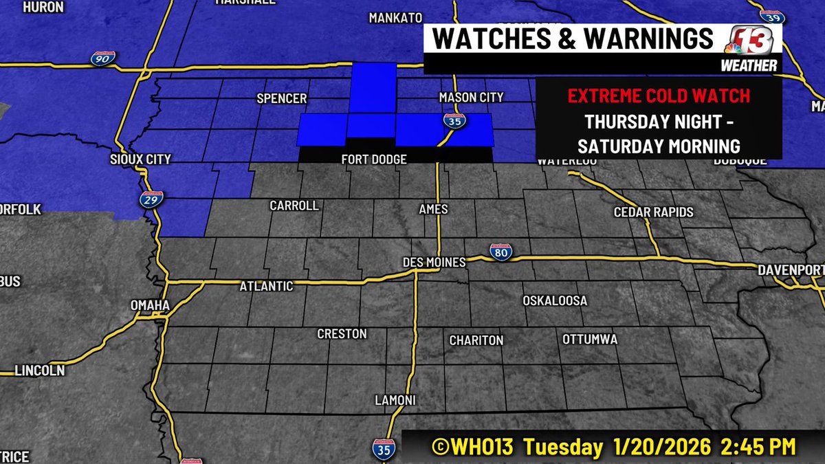 Dangerously cold wind chills as low as 40 below will be possible in northern Iowa starting Friday morning.