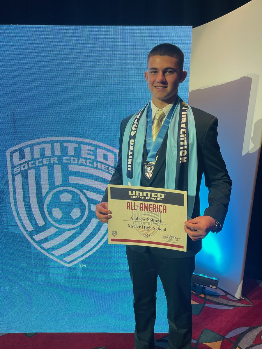 athleticsXHS's tweet photo. Over the weekend Senior Drew Sobieski traveled to Philadelphia where he was recognized as a Soccer All-American. This was the final cap on an amazing year for Drew and we are so proud of him.
#ThisisXavier
#ctbsoc https://t.co/2FPzm6Tsjc