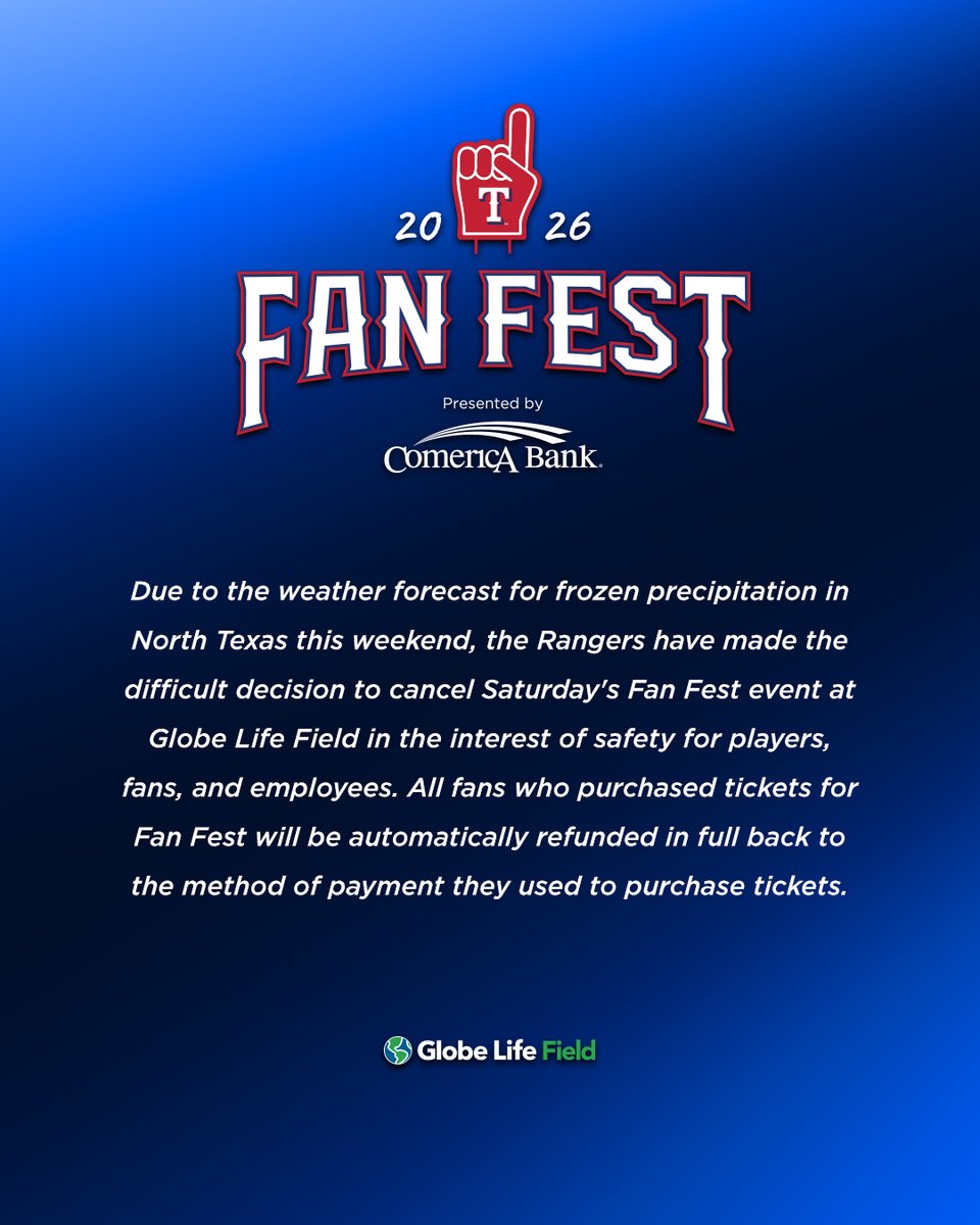 Rangers's tweet photo. Due to inclement weather in the forecast this weekend, Saturday's Fan Fest has been canceled.

Additionally, scheduled Winter Warm-up Week stops for Friday and Sunday have been canceled due to weather concerns. https://t.co/vtzYIK5d0M
