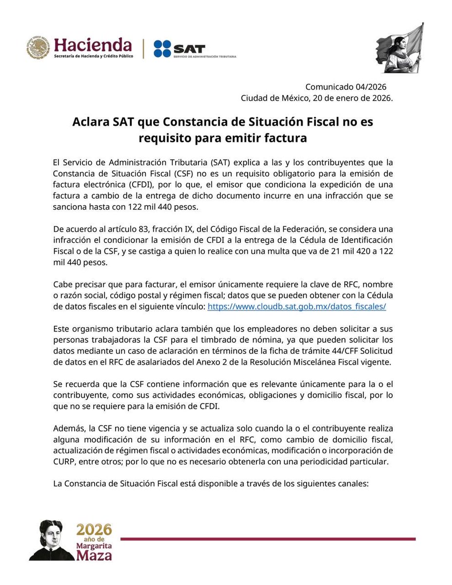 SATMX's tweet image. #ComunicadoSAT

El SAT recuerda a las y los contribuyentes que la Constancia de Situación Fiscal (CSF) no es un requisito obligatorio para emitir facturas electrónicas (CFDI).

De igual forma, los empleadores no deben solicitar la CSF a las personas trabajadoras para el timbrado…