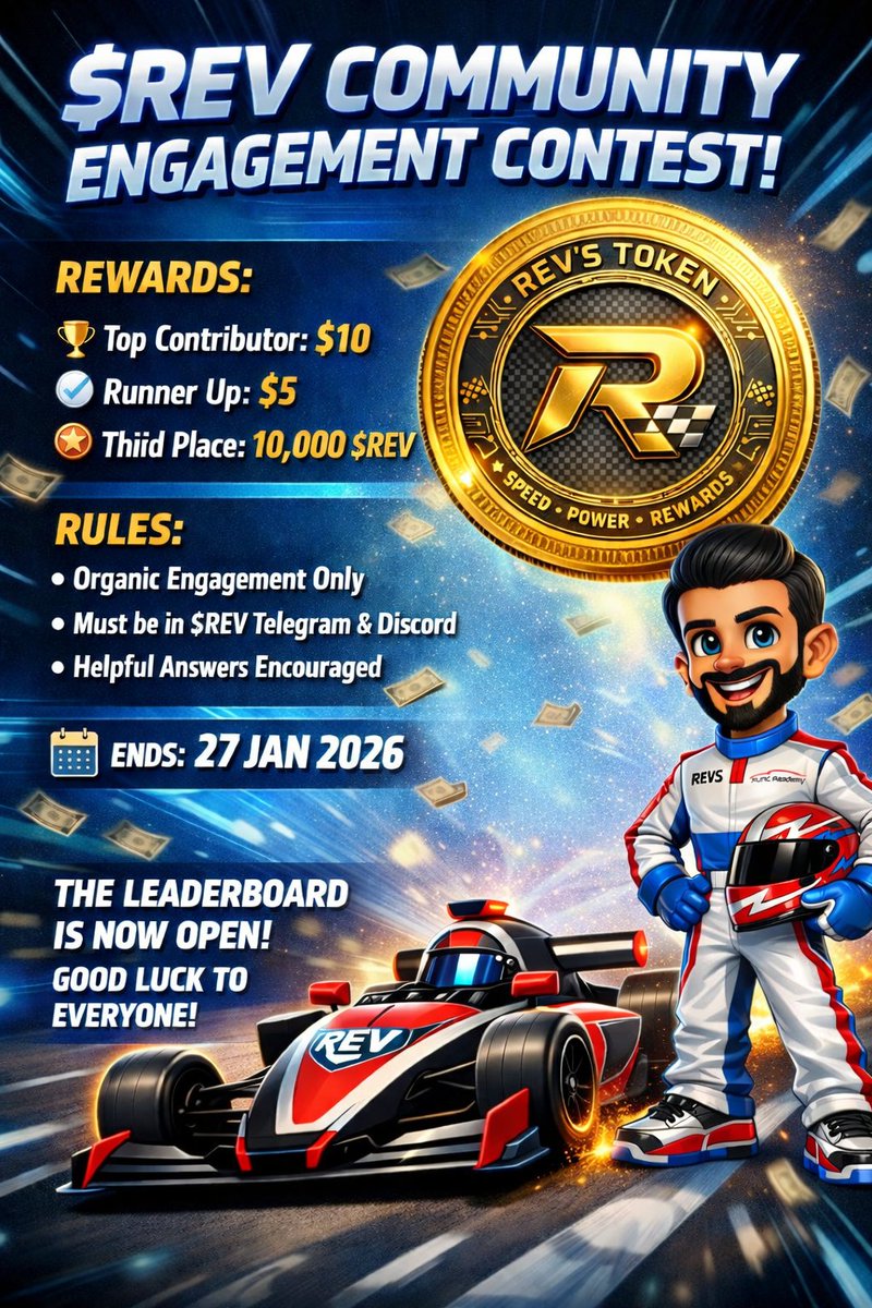 $REV Community Engagement Contest 
💠 To celebrate our growing community, we are launching a short term chat contest! 
We want to reward those who contribute most to our daily discussions. 
💰 Rewards: 
• Top Contributor: $10 
• Runner Up: $5 
• Third Place: 10,000 $REV 
📋